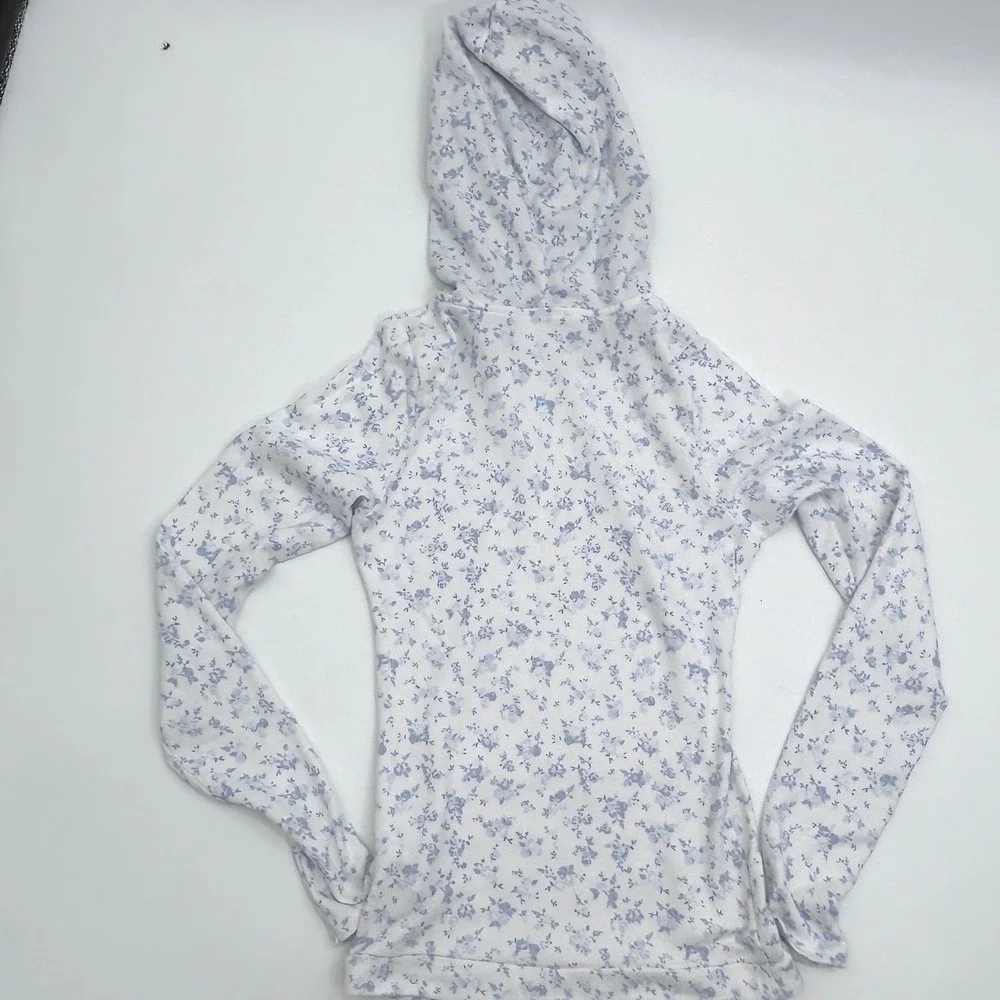 Hollister Blue Floral Flannel Pajama Set Hooded Top Lounge Sleepwear coquette